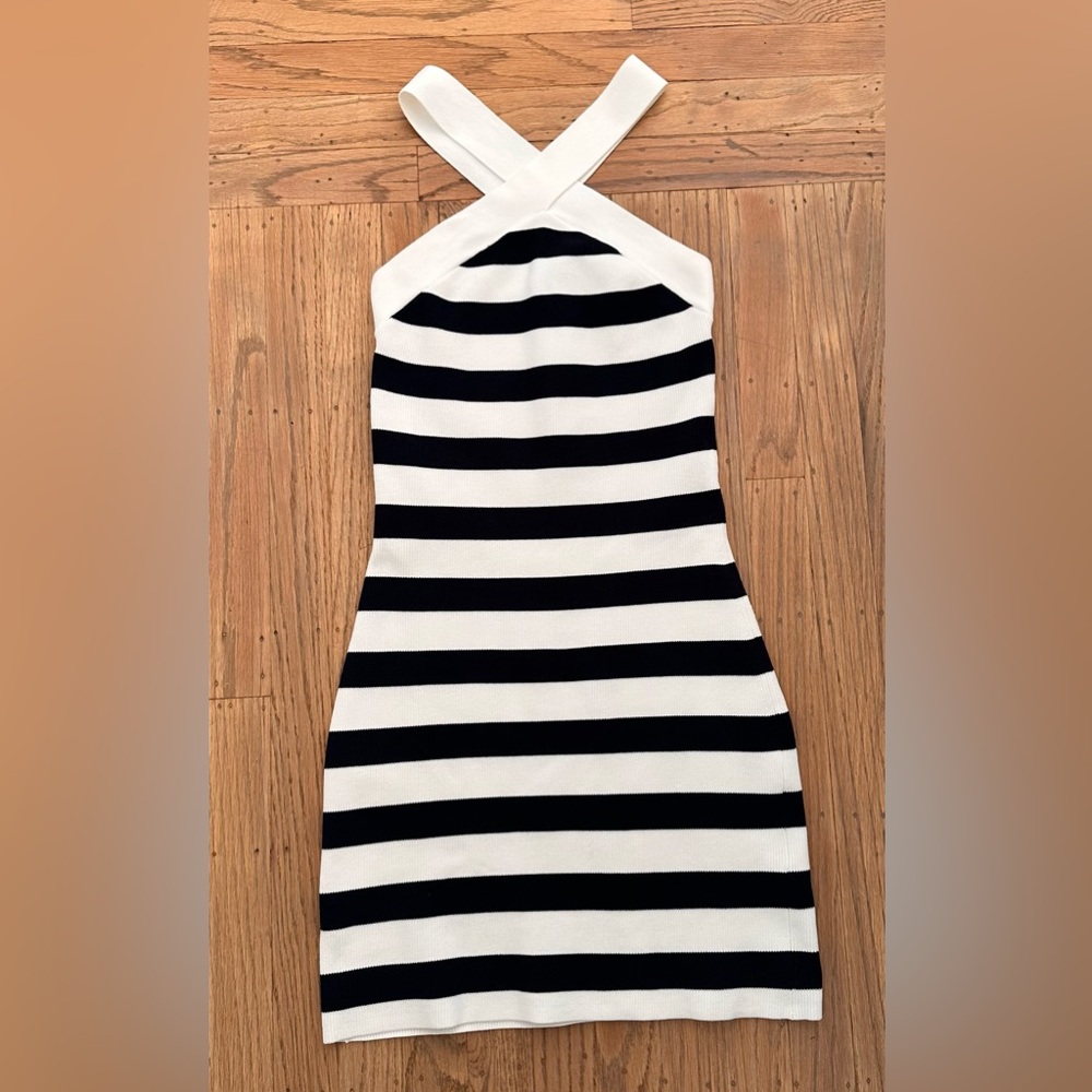 ARITZIA Babatón Criss Cross Drk Blue/White Striped Mini Bodycon Dress | small